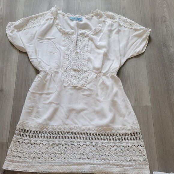 Solitaire Swim Women Large Shirt Dress White V-Neck Crochet Elastic Waist - Picture 6 of 7